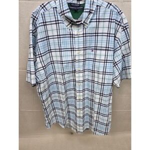 Tommy Hilfiger Mens Large Plaid Short Sleeve Button Down Shirt Blue Navy Green